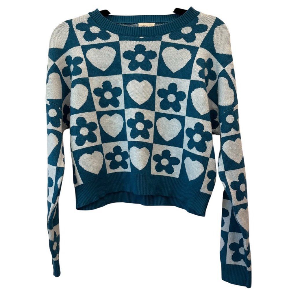 Debut Teal and Gray Heart and Flower Sweater Cropped